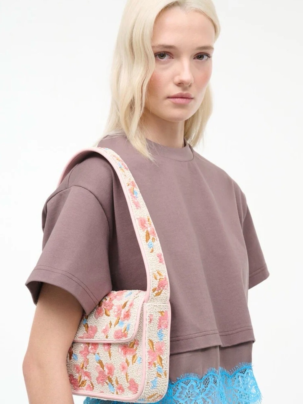 STAUD Pink Floral Beaded Shoulder Bag - Picture 4 of 6